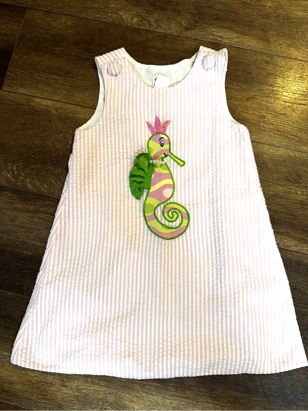 Potato Saks striped pink and white seersucker seahorse dress